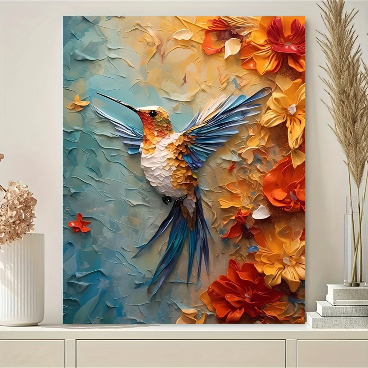 3D Printing Wall - Vibrant Hummingbird & Floral 3D Texture