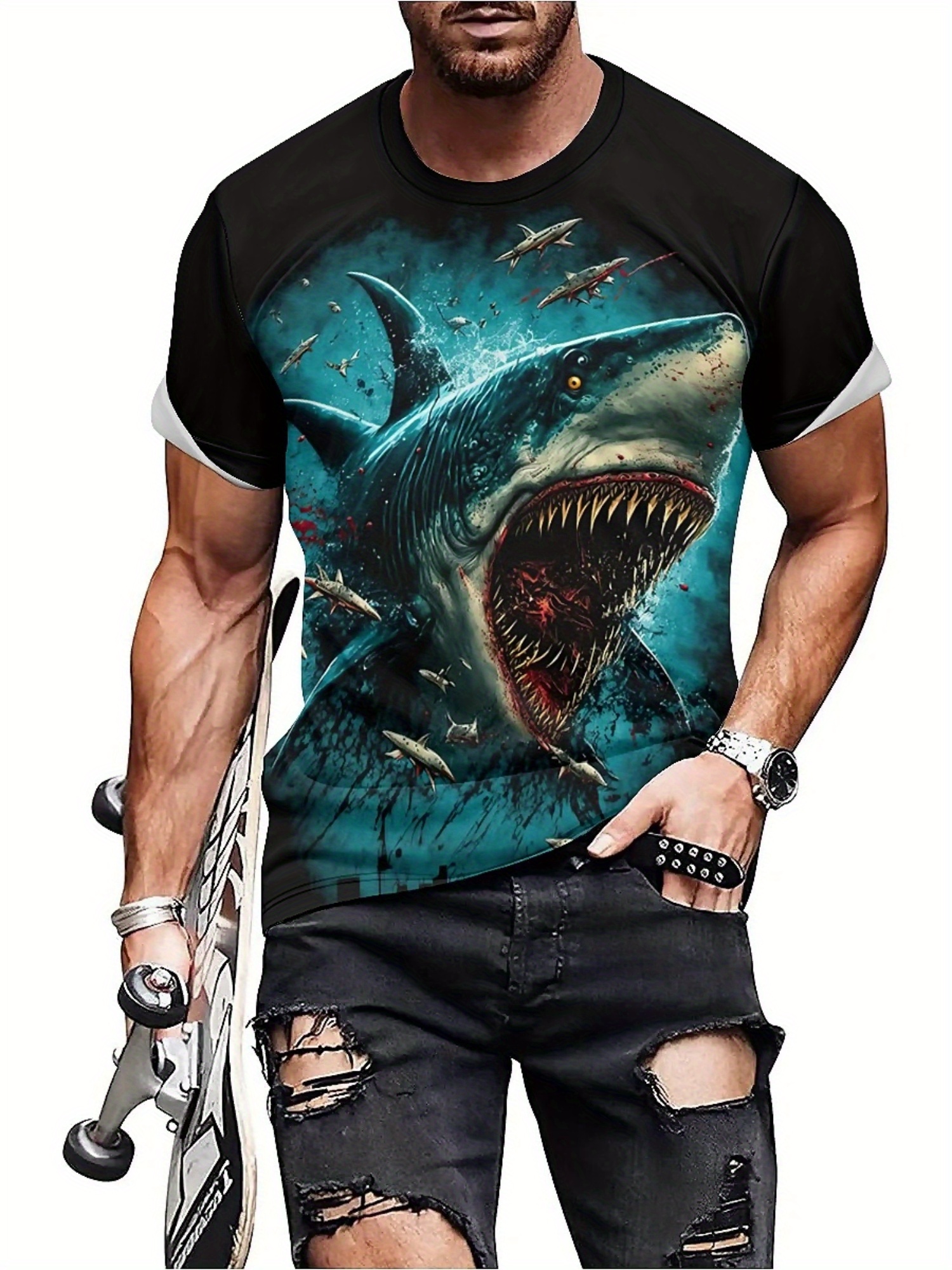 Men's 3D Shark Print T-Shirt - - огляд і ціна 3D Printing Design